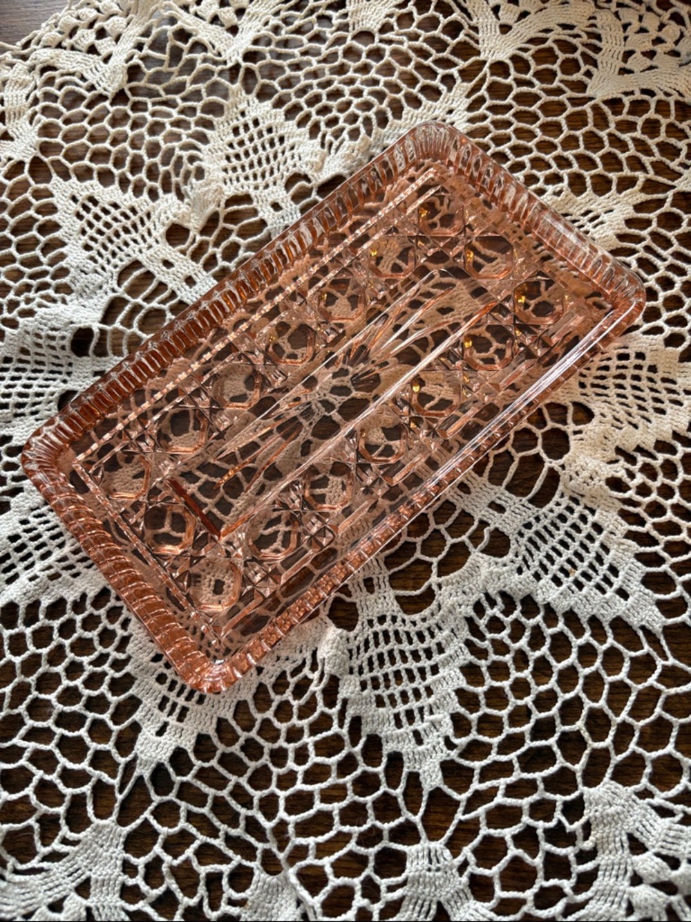 Vintage Pink Pressed Glass Rectangular Trinket Dish